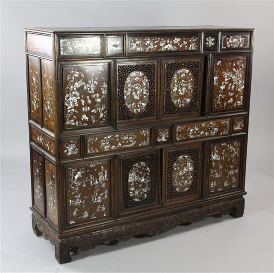 An early 20th century Chinese hardwood cabinet, W.4ft 1in.